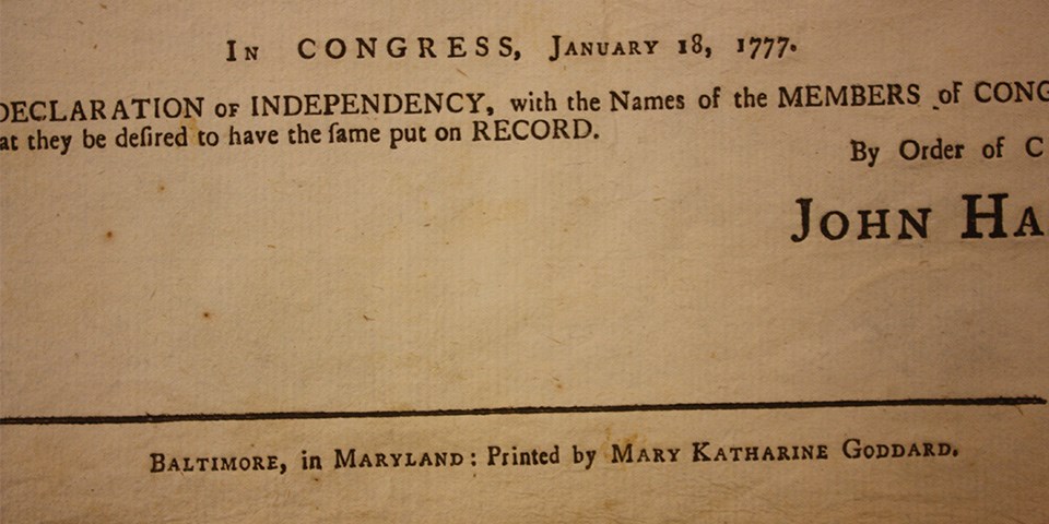 Declaration of Independence showing Mary Katherine Goddard's signature